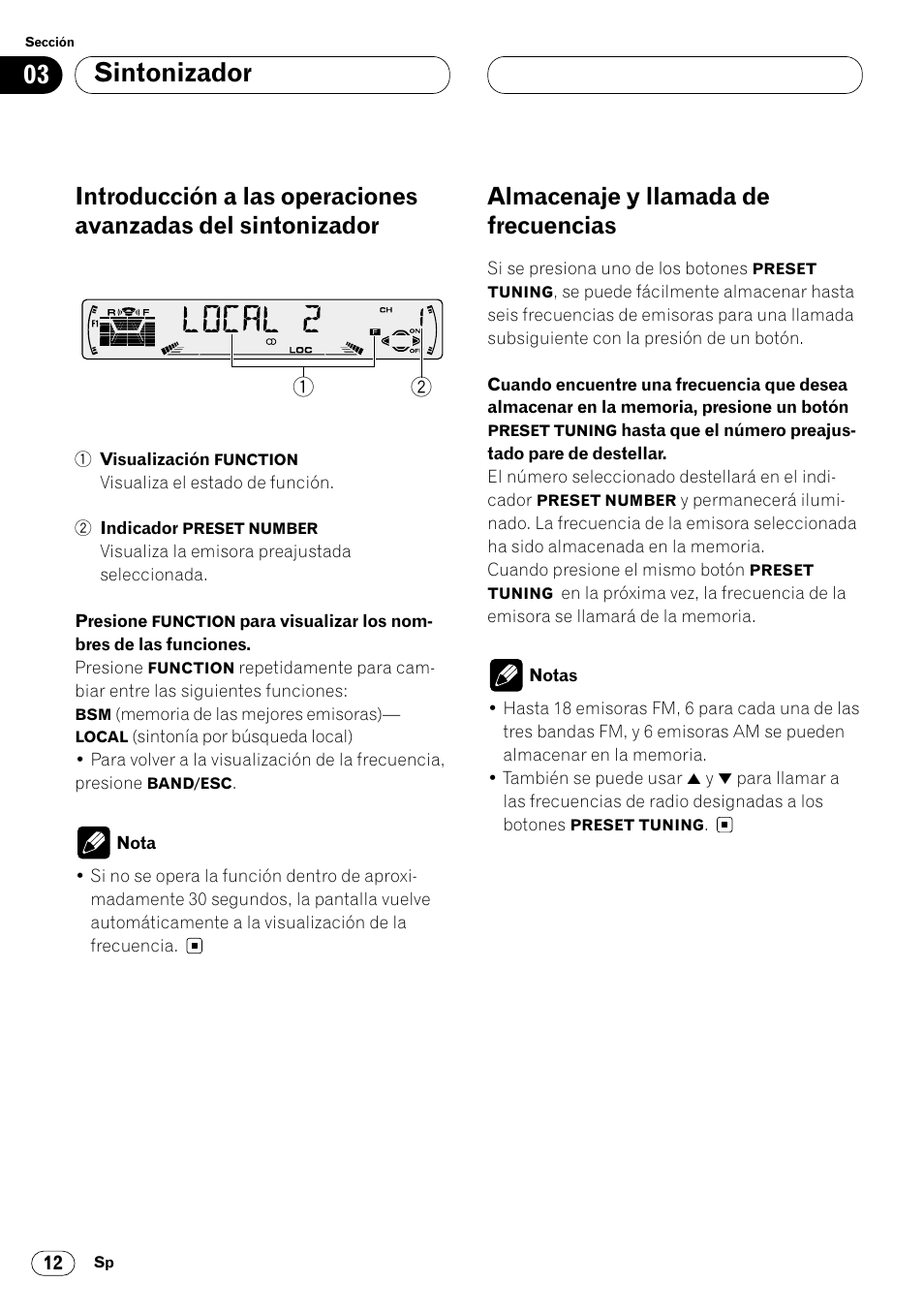Introducción a las operaciones avanzadas, Del sintonizador 12, Almacenaje y llamada de frecuencias 12 | Sintonizador, Almacenaje y llamada de frecuencias | Pioneer DEH-P4400 User Manual | Page 84 / 112