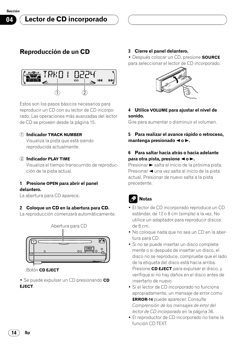 Lector de cd incorporado reproducción de un cd 14, Lector de cd incorporado, Reproducción de un cd | Pioneer DEH-P4400 User Manual | Page 86 / 112