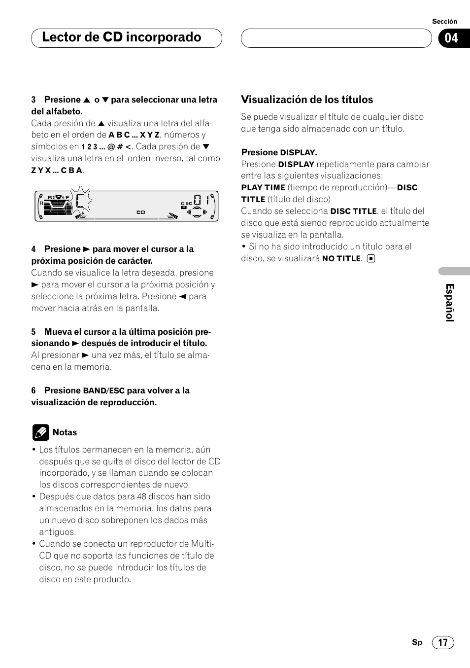 Visualización de los títulos 17, Lector de cd incorporado | Pioneer DEH-P4400 User Manual | Page 89 / 112