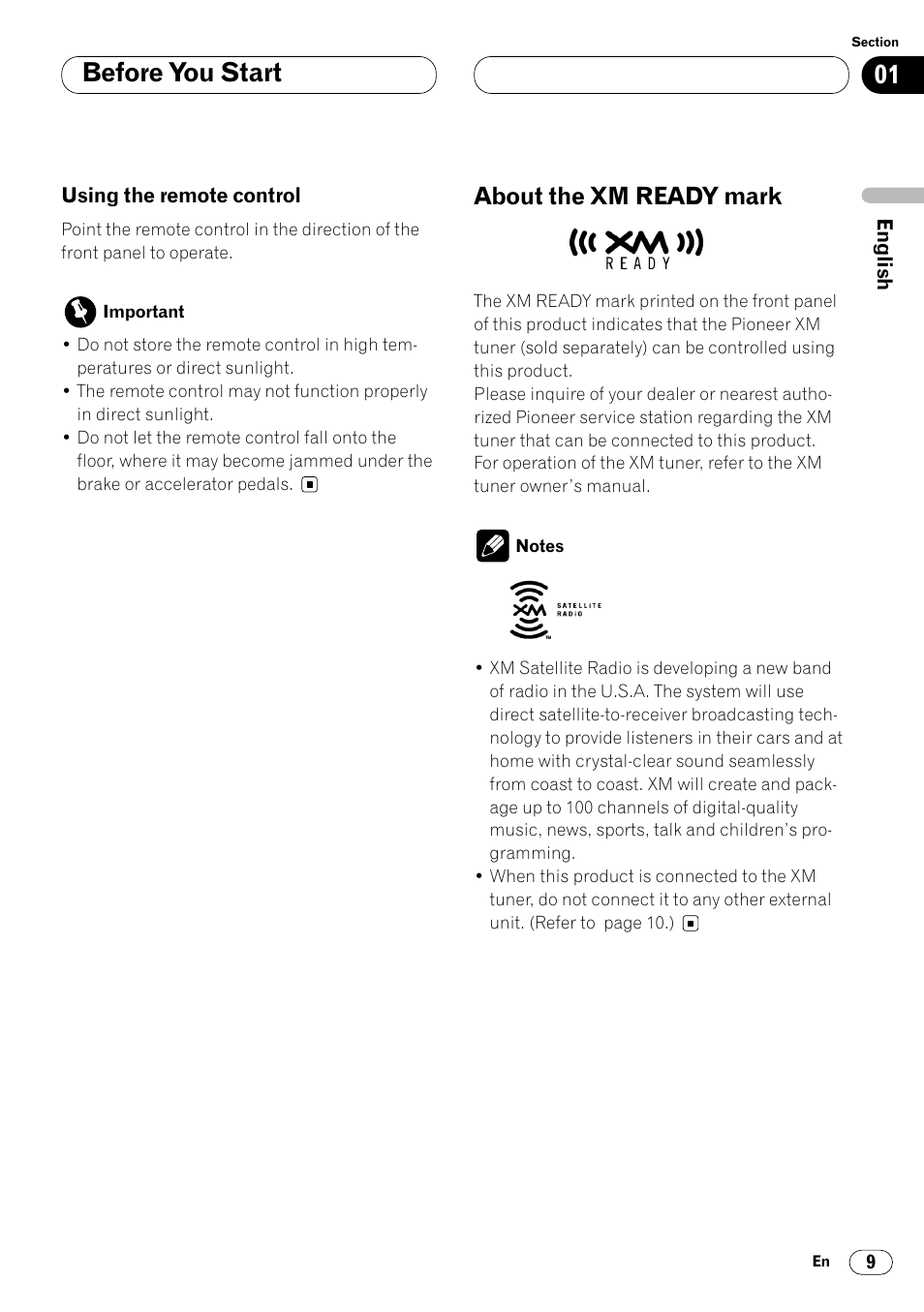 Using the remote control 9, About the xm ready mark 9, Before you start | About the xm ready mark | Pioneer DEH-P4400 User Manual | Page 9 / 112