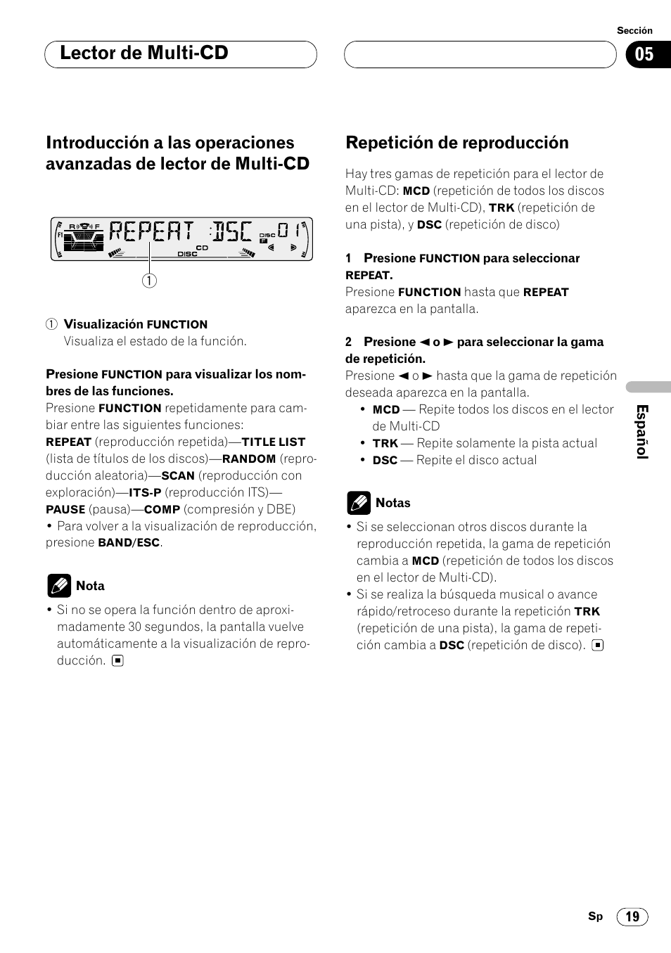 Introducción a las operaciones avanzadas, De lector de multi-cd 19, Repetición de reproducción 19 | Lector de multi-cd, Repetición de reproducción | Pioneer DEH-P4400 User Manual | Page 91 / 112