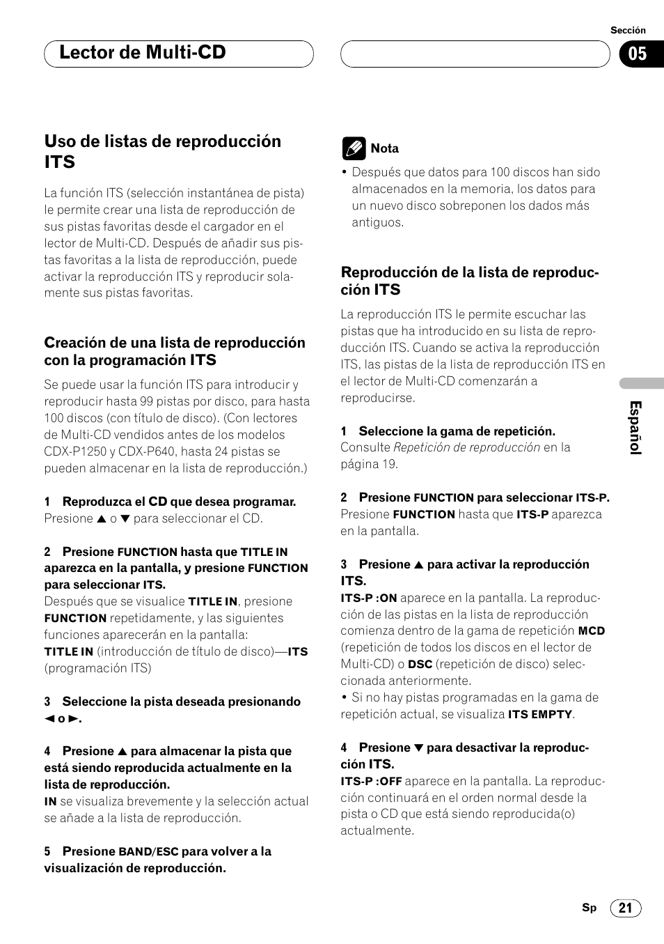 Uso de listas de reproducción its 21, Creación de una lista de reproducción, Con la programación its 21 | Reproducción de la lista de reproduc, Ción its 21, Lector de multi-cd, Uso de listas de reproducción its | Pioneer DEH-P4400 User Manual | Page 93 / 112