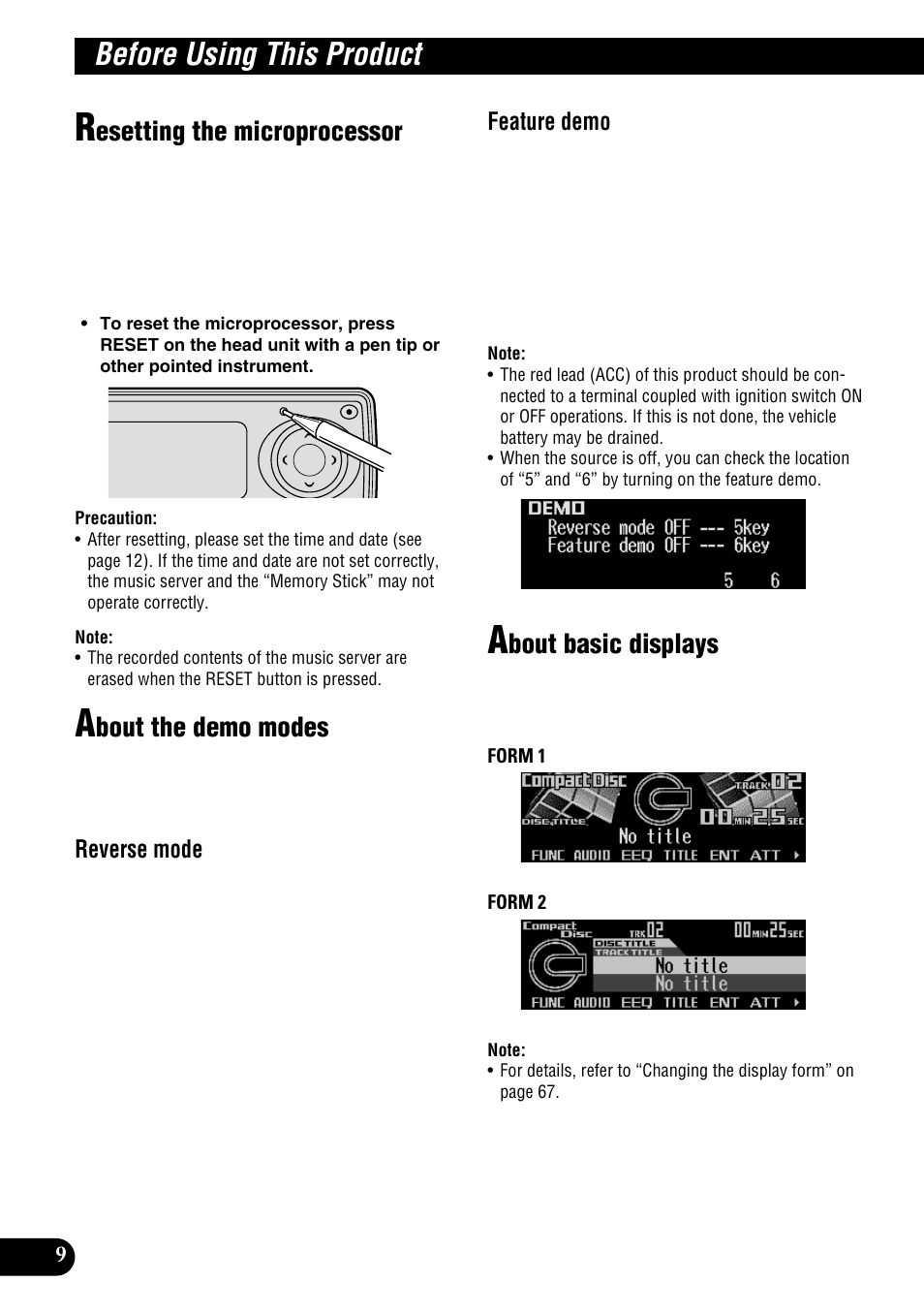 Reset, Demo, Before using this product | Esetting the microprocessor, Bout the demo modes, Bout basic displays | Pioneer DEH-P9100R User Manual | Page 10 / 94