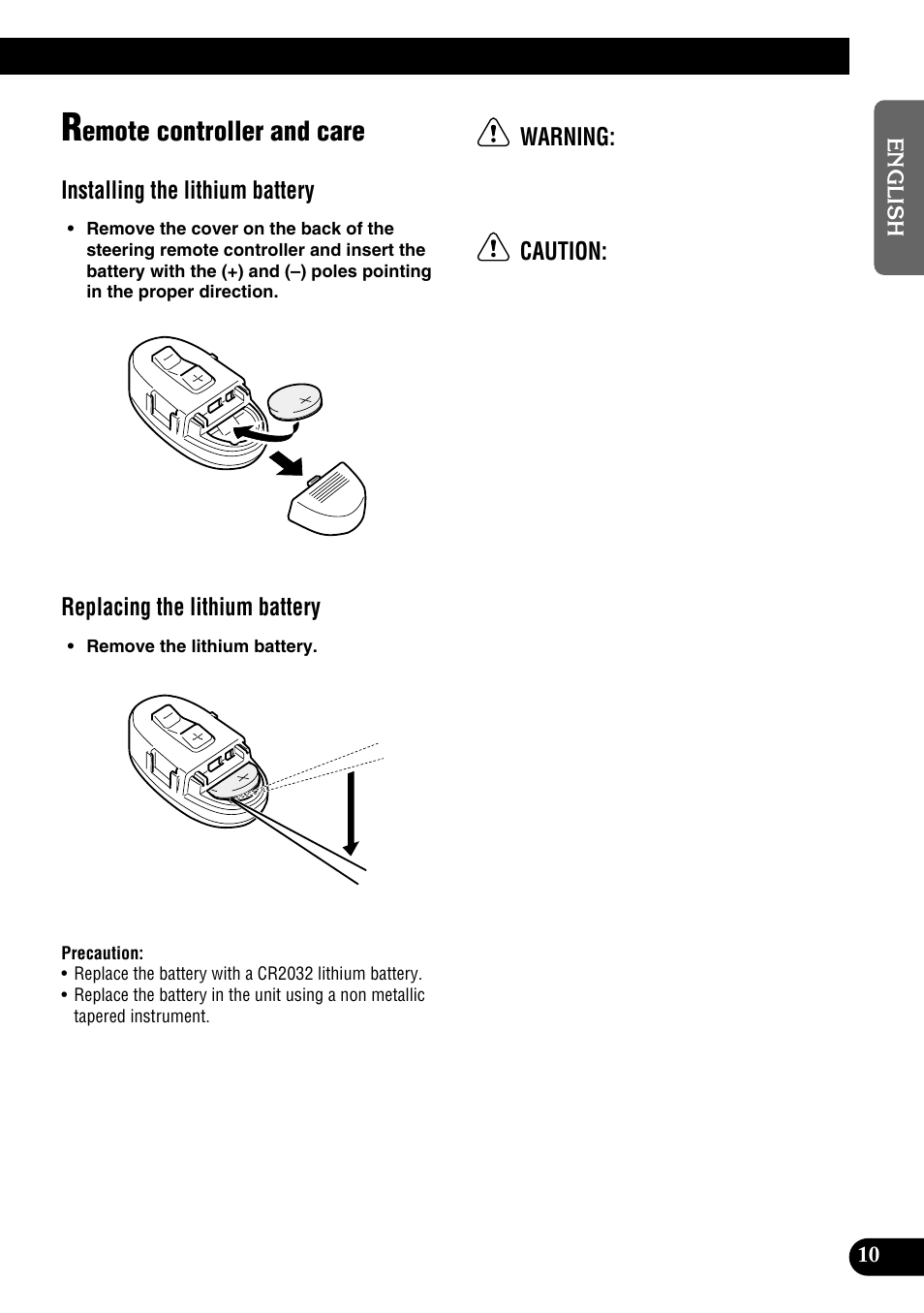 Remote controller and care, Emote controller and care, Installing the lithium battery | Replacing the lithium battery, Warning, Caution | Pioneer DEH-P9100R User Manual | Page 11 / 94