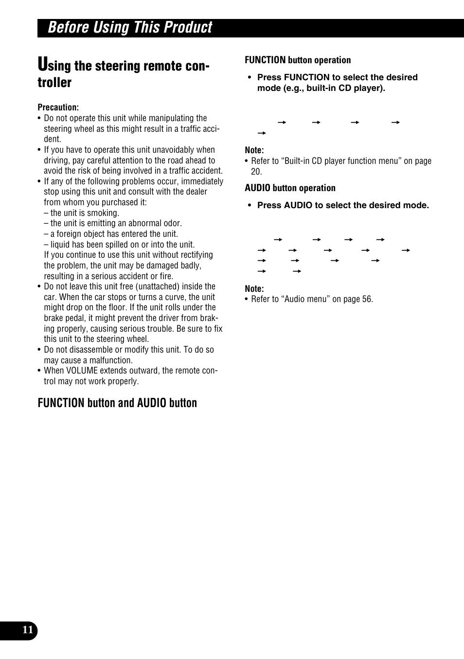 Using the steering remote controller, Before using this product, Sing the steering remote con- troller | Function button and audio button | Pioneer DEH-P9100R User Manual | Page 12 / 94