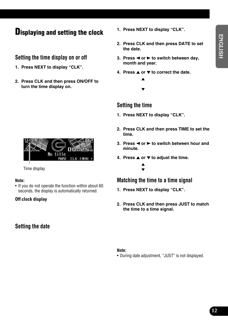 Clock set, Date set, Displaying and setting the clock | Isplaying and setting the clock, Setting the time display on or off, Setting the date, Setting the time, Matching the time to a time signal | Pioneer DEH-P9100R User Manual | Page 13 / 94