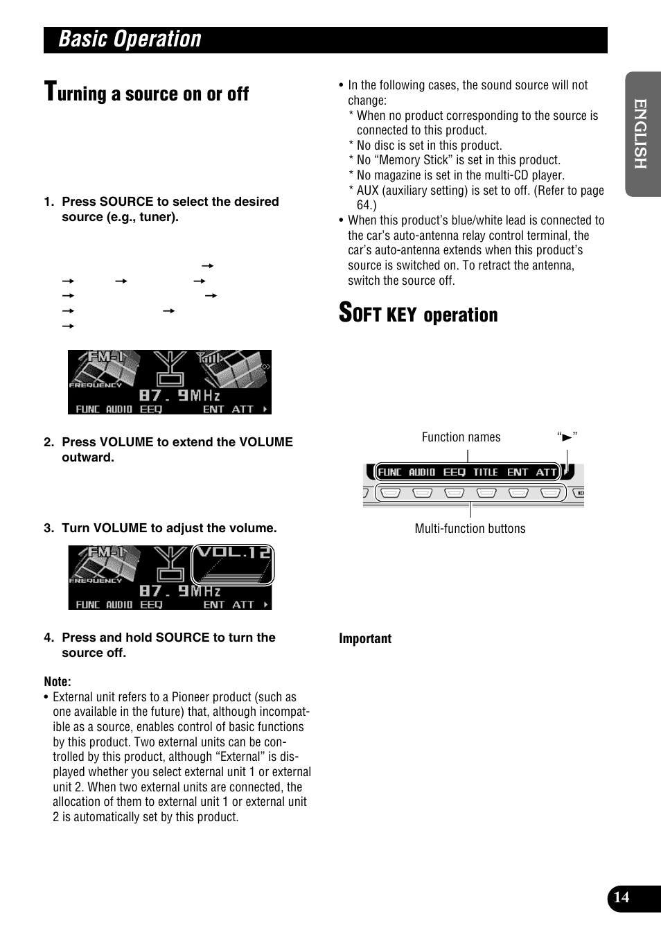 Basic operation, Turning a source on or off soft key operation, Urning a source on or off | Oft key operation | Pioneer DEH-P9100R User Manual | Page 15 / 94