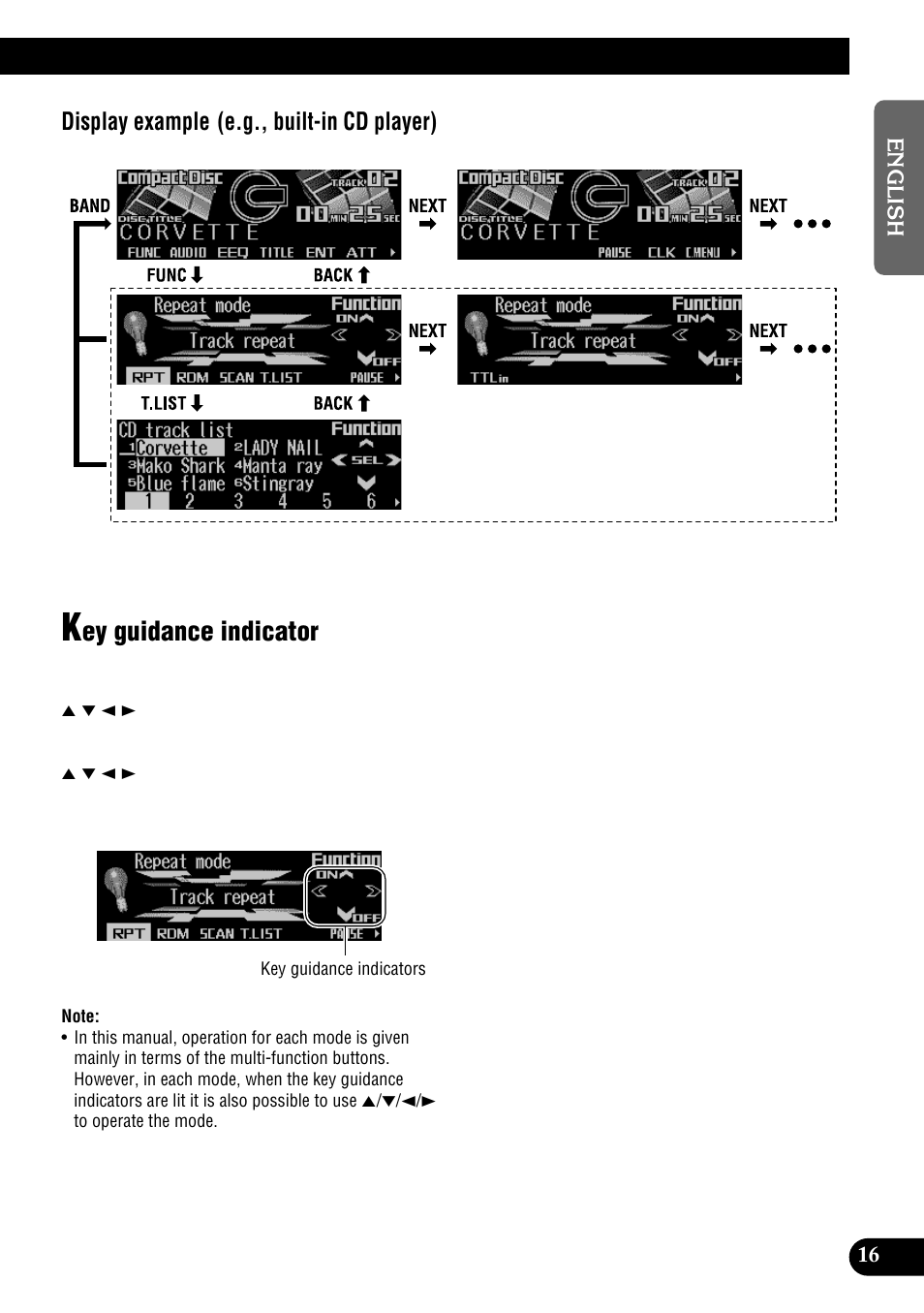 Key guidance indicator, Ey guidance indicator, Display example (e.g., built-in cd player) | Pioneer DEH-P9100R User Manual | Page 17 / 94