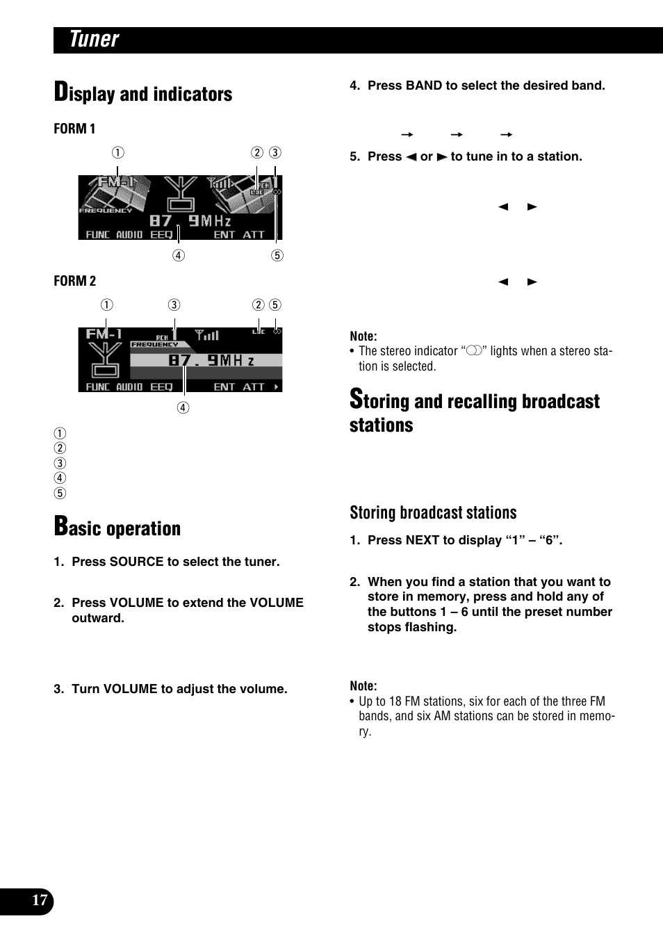 Tuner functions, Tuner, Isplay and indicators | Asic operation, Toring and recalling broadcast stations, Storing broadcast stations | Pioneer DEH-P9100R User Manual | Page 18 / 94