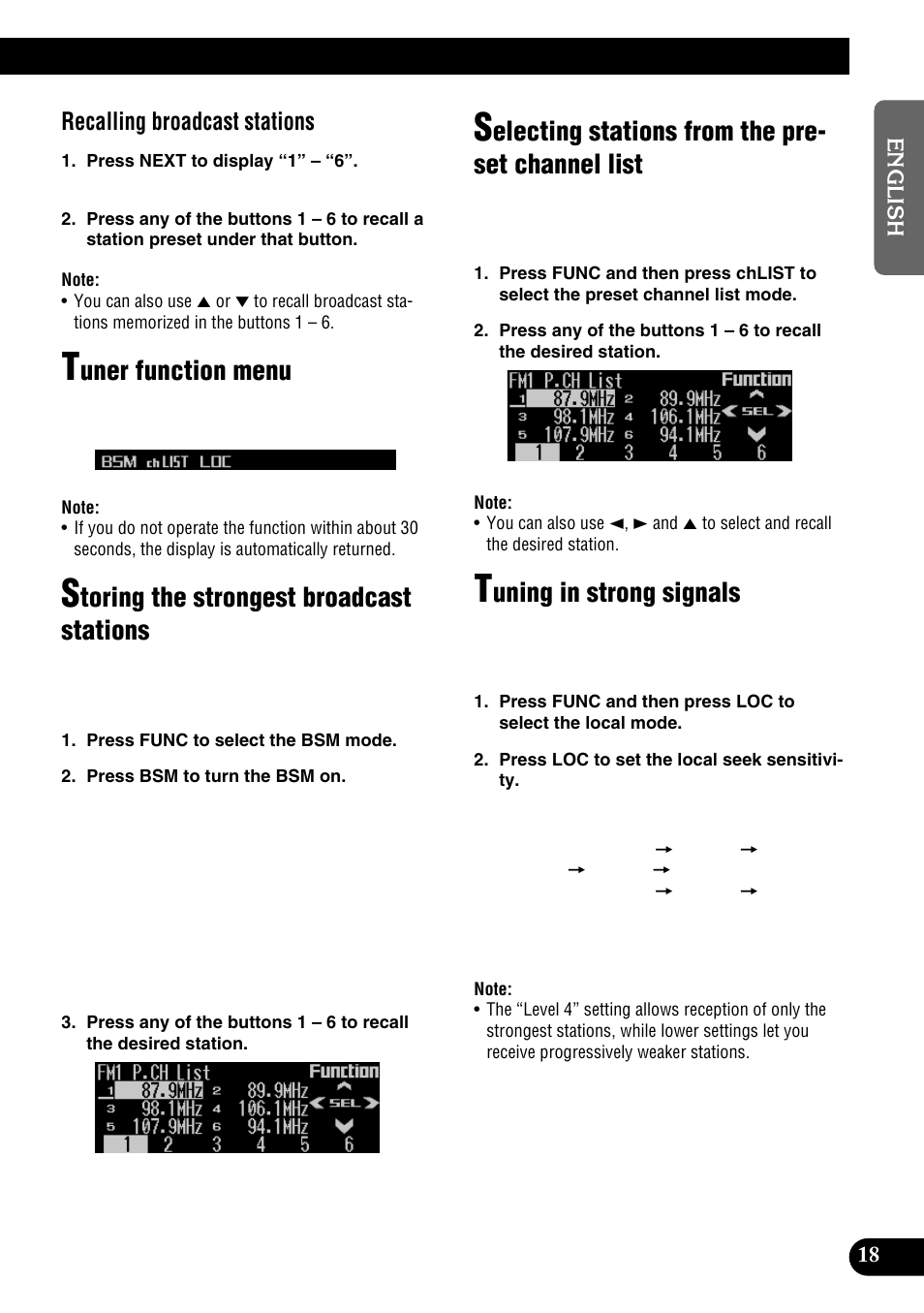 Preset stations, Channel list, Tuning in strong signals | Uner function menu, Toring the strongest broadcast stations, Electing stations from the pre- set channel list, Uning in strong signals, Recalling broadcast stations | Pioneer DEH-P9100R User Manual | Page 19 / 94