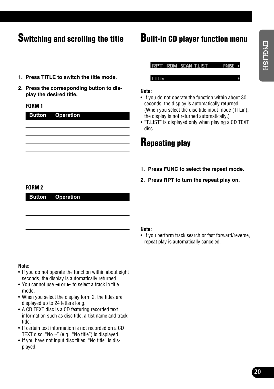 Cd functions, Repeat play, Witching and scrolling the title | Uilt-in cd player function menu, Epeating play | Pioneer DEH-P9100R User Manual | Page 21 / 94
