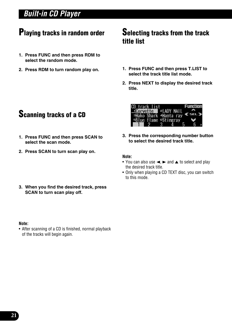 Built-in cd player, Laying tracks in random order, Canning tracks of a cd | Electing tracks from the track title list | Pioneer DEH-P9100R User Manual | Page 22 / 94