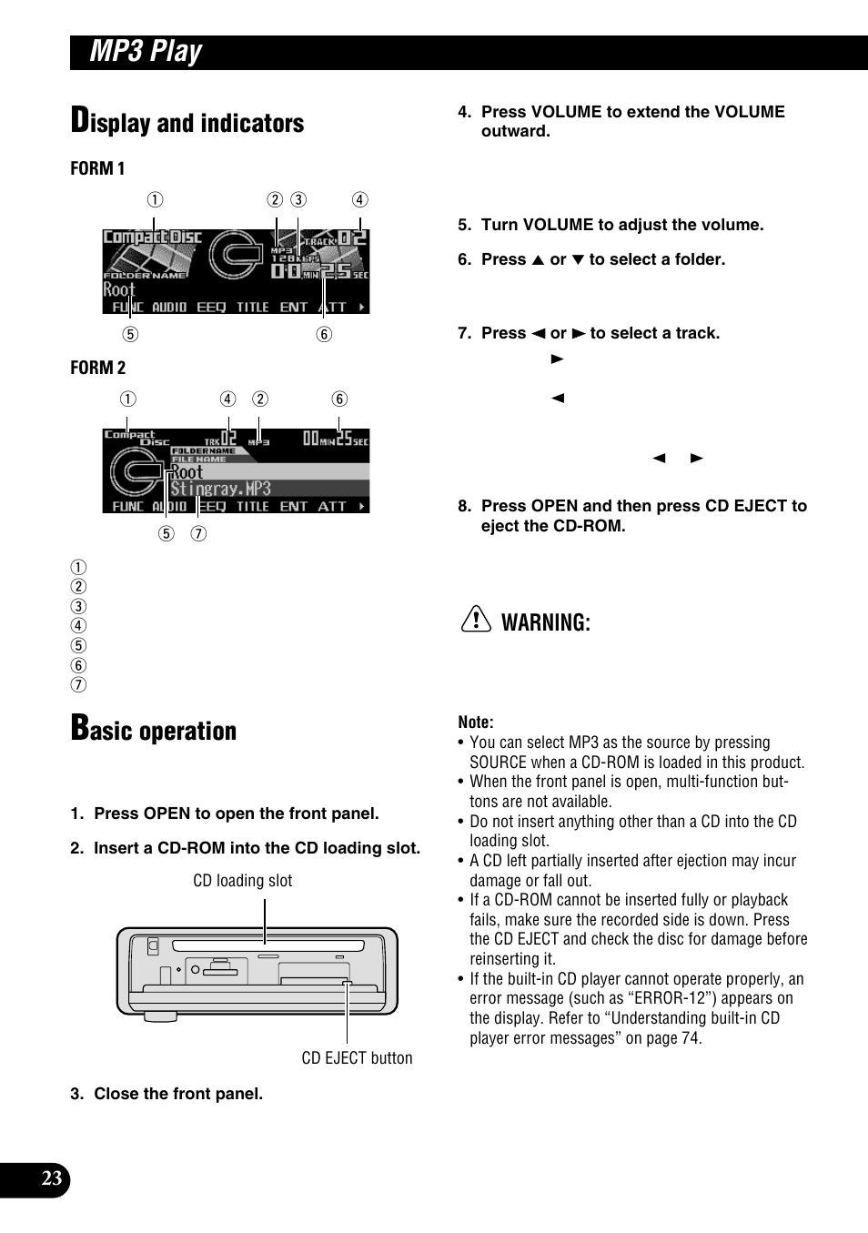 Mp3 play, Display and indicators basic operation, Isplay and indicators | Asic operation, Warning | Pioneer DEH-P9100R User Manual | Page 24 / 94