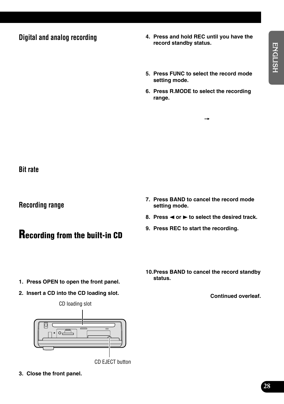 Recording from the built-in cd, Ecording from the built-in cd, Digital and analog recording | Bit rate, Recording range | Pioneer DEH-P9100R User Manual | Page 29 / 94