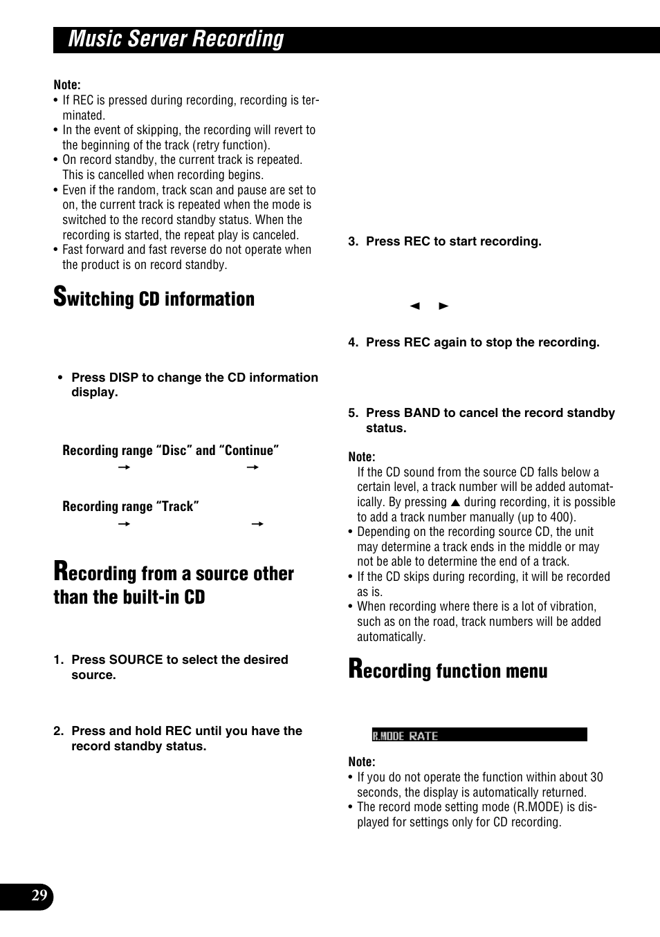 Built-in cd, Recording function menu, Music server recording | Witching cd information, Ecording from a source other than the built-in cd, Ecording function menu | Pioneer DEH-P9100R User Manual | Page 30 / 94