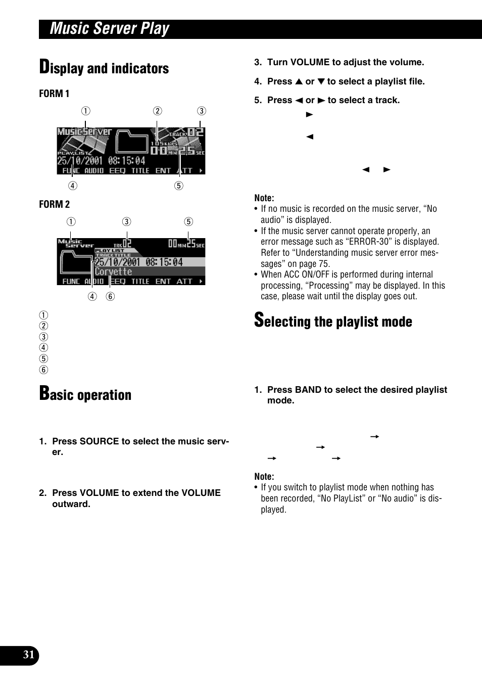 Music server play, Isplay and indicators, Asic operation | Electing the playlist mode | Pioneer DEH-P9100R User Manual | Page 32 / 94
