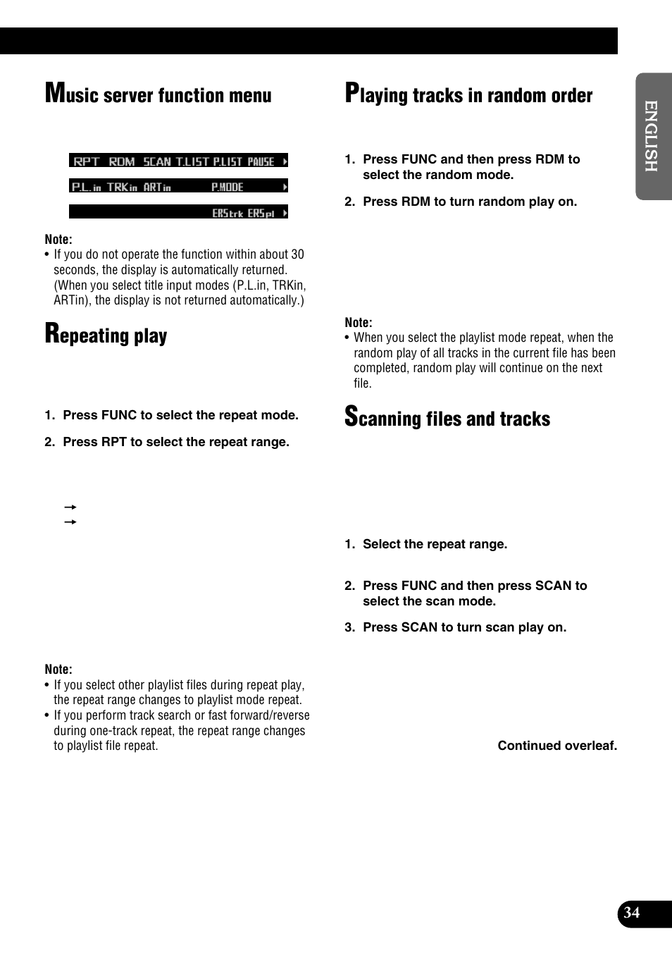 Usic server function menu, Epeating play, Laying tracks in random order | Canning files and tracks | Pioneer DEH-P9100R User Manual | Page 35 / 94