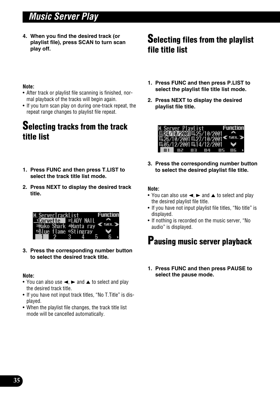 Music server play, Electing tracks from the track title list, Electing files from the playlist file title list | Ausing music server playback | Pioneer DEH-P9100R User Manual | Page 36 / 94