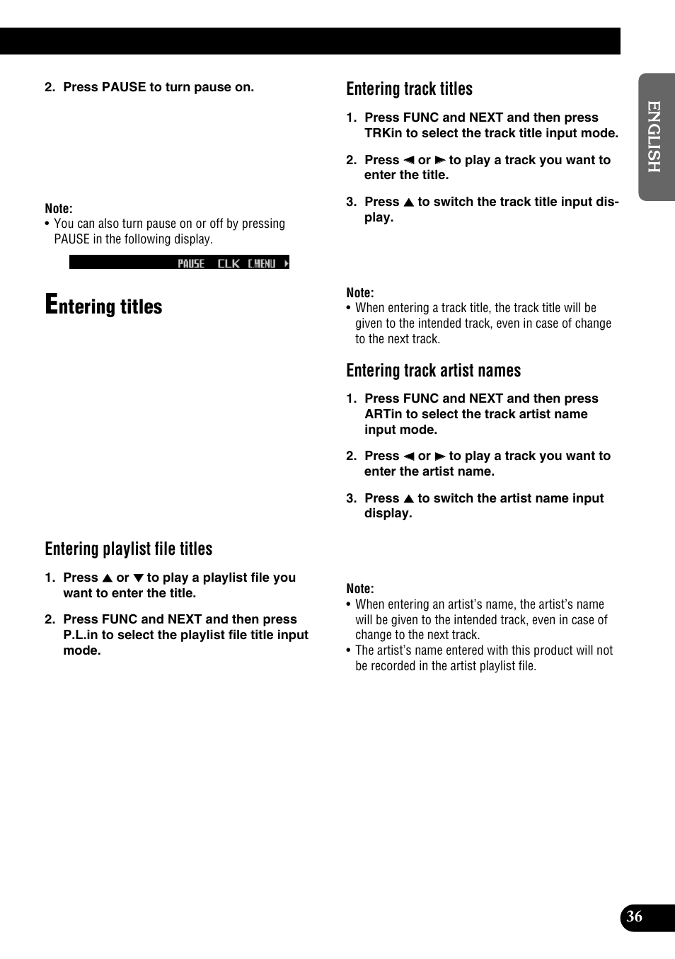 Entering titles, Ntering titles, Entering playlist file titles | Entering track titles, Entering track artist names | Pioneer DEH-P9100R User Manual | Page 37 / 94