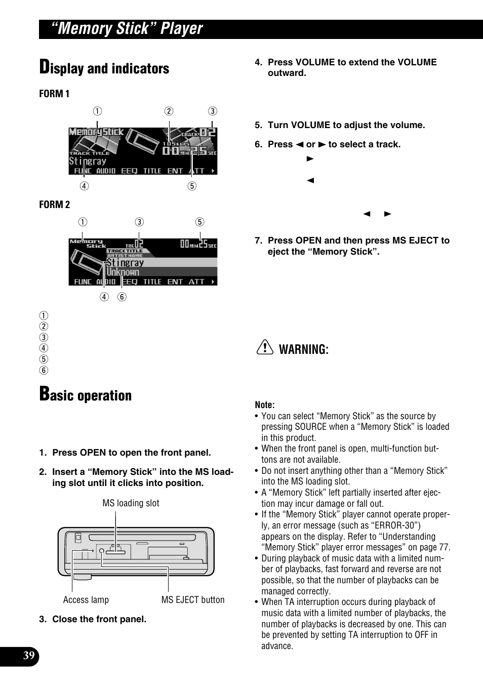 Memory stick” player, Display and indicators basic operation, Isplay and indicators | Asic operation, Warning | Pioneer DEH-P9100R User Manual | Page 40 / 94