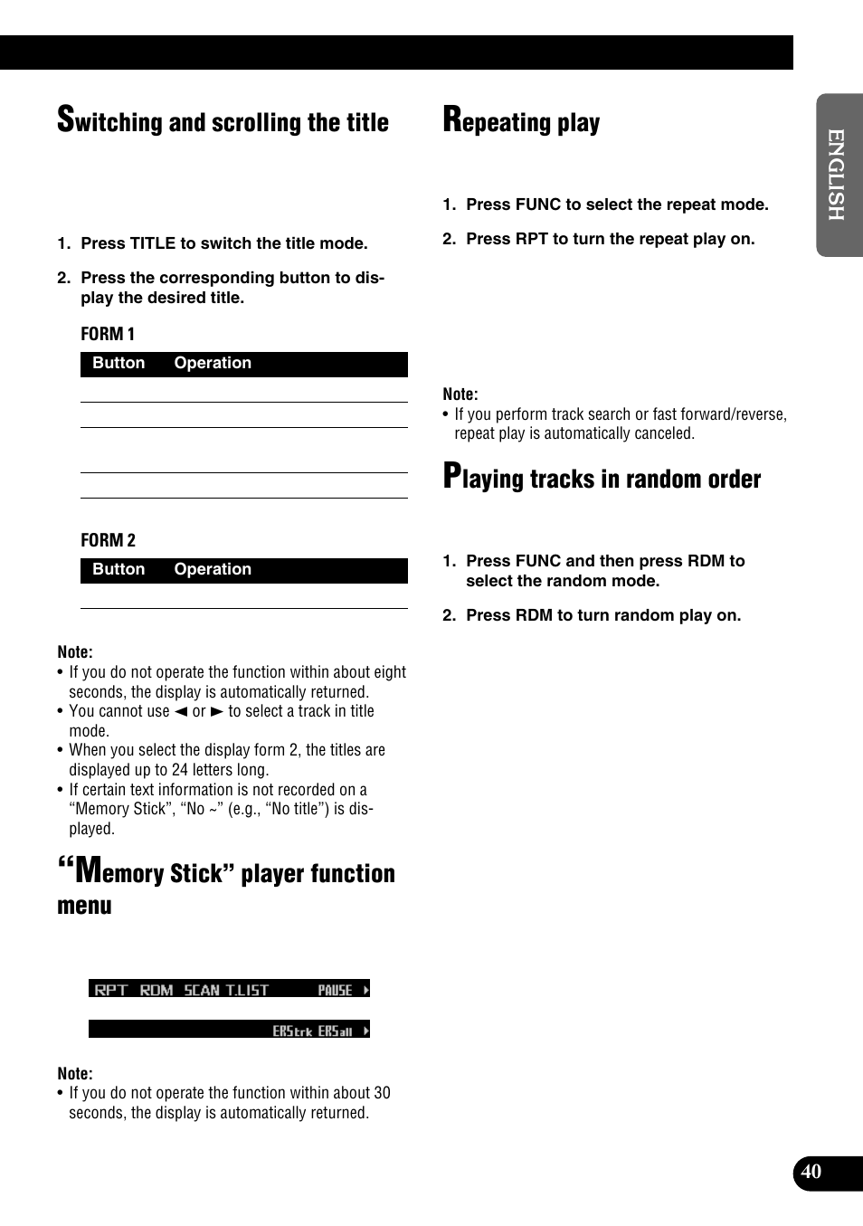 Witching and scrolling the title, Emory stick” player function menu, Epeating play | Laying tracks in random order | Pioneer DEH-P9100R User Manual | Page 41 / 94