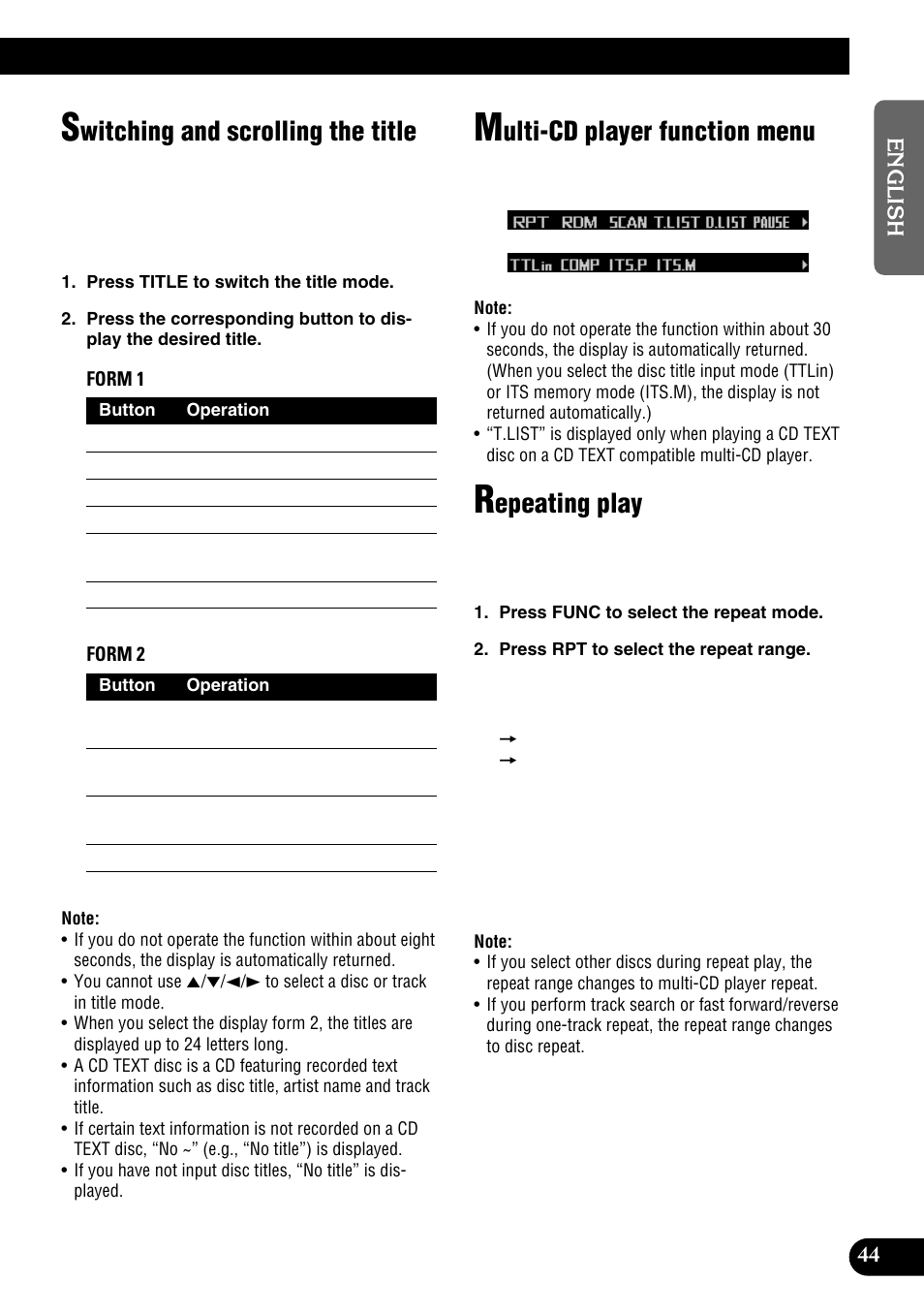 Witching and scrolling the title, Ulti-cd player function menu, Epeating play | Pioneer DEH-P9100R User Manual | Page 45 / 94