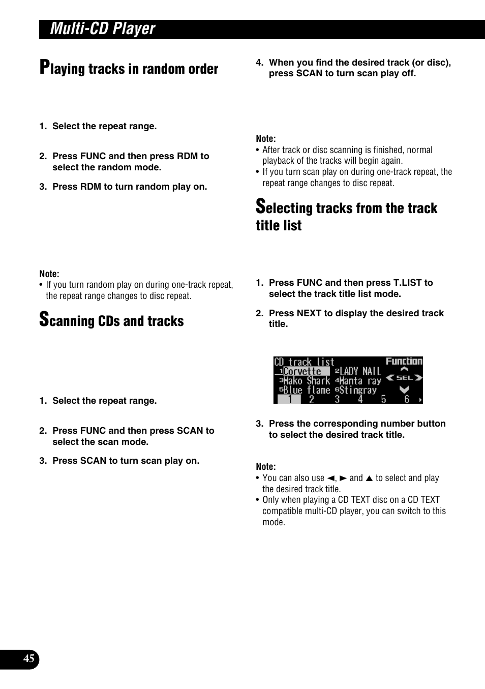Multi-cd player, Laying tracks in random order, Canning cds and tracks | Electing tracks from the track title list | Pioneer DEH-P9100R User Manual | Page 46 / 94