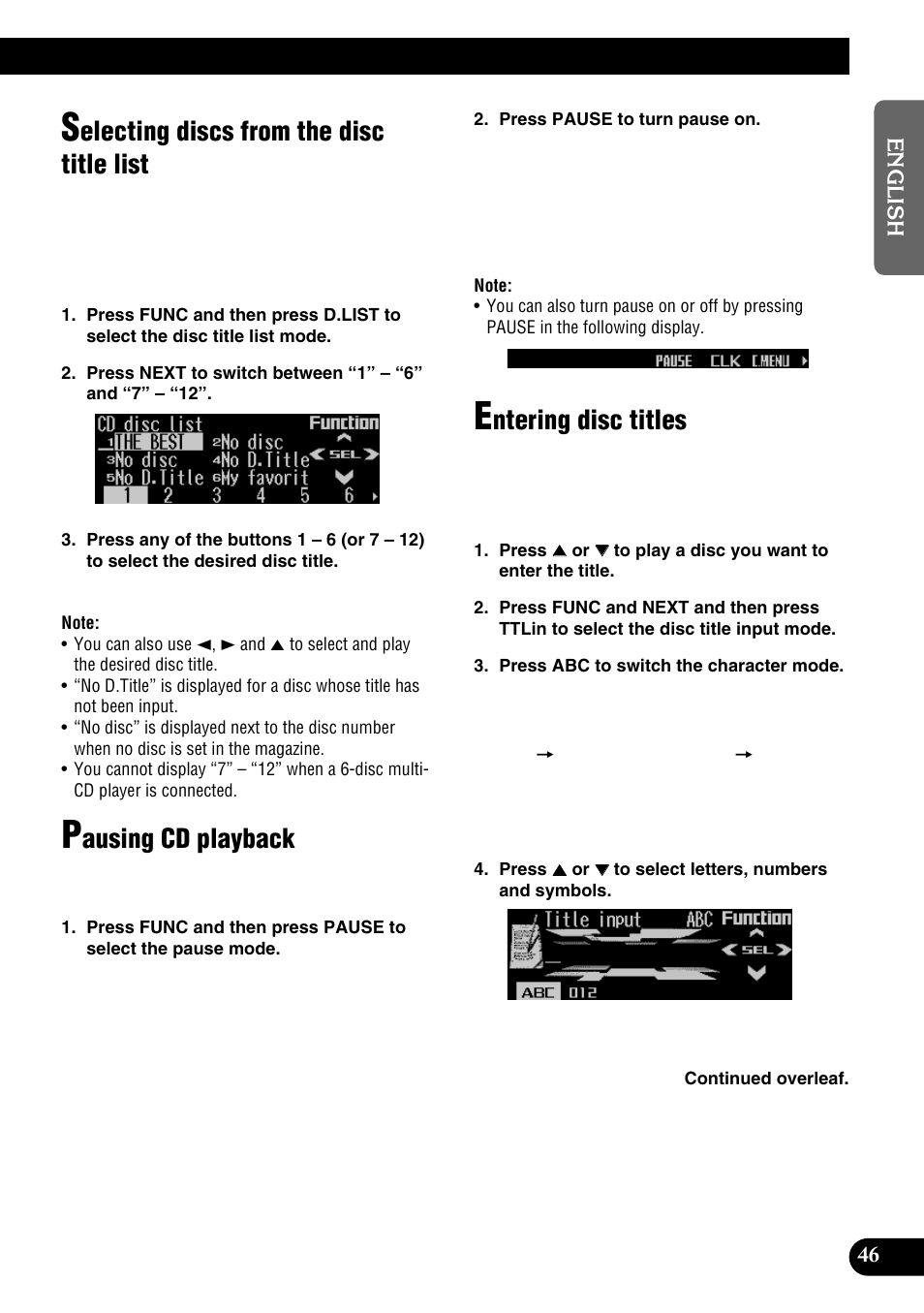 Electing discs from the disc title list, Ausing cd playback, Ntering disc titles | Pioneer DEH-P9100R User Manual | Page 47 / 94