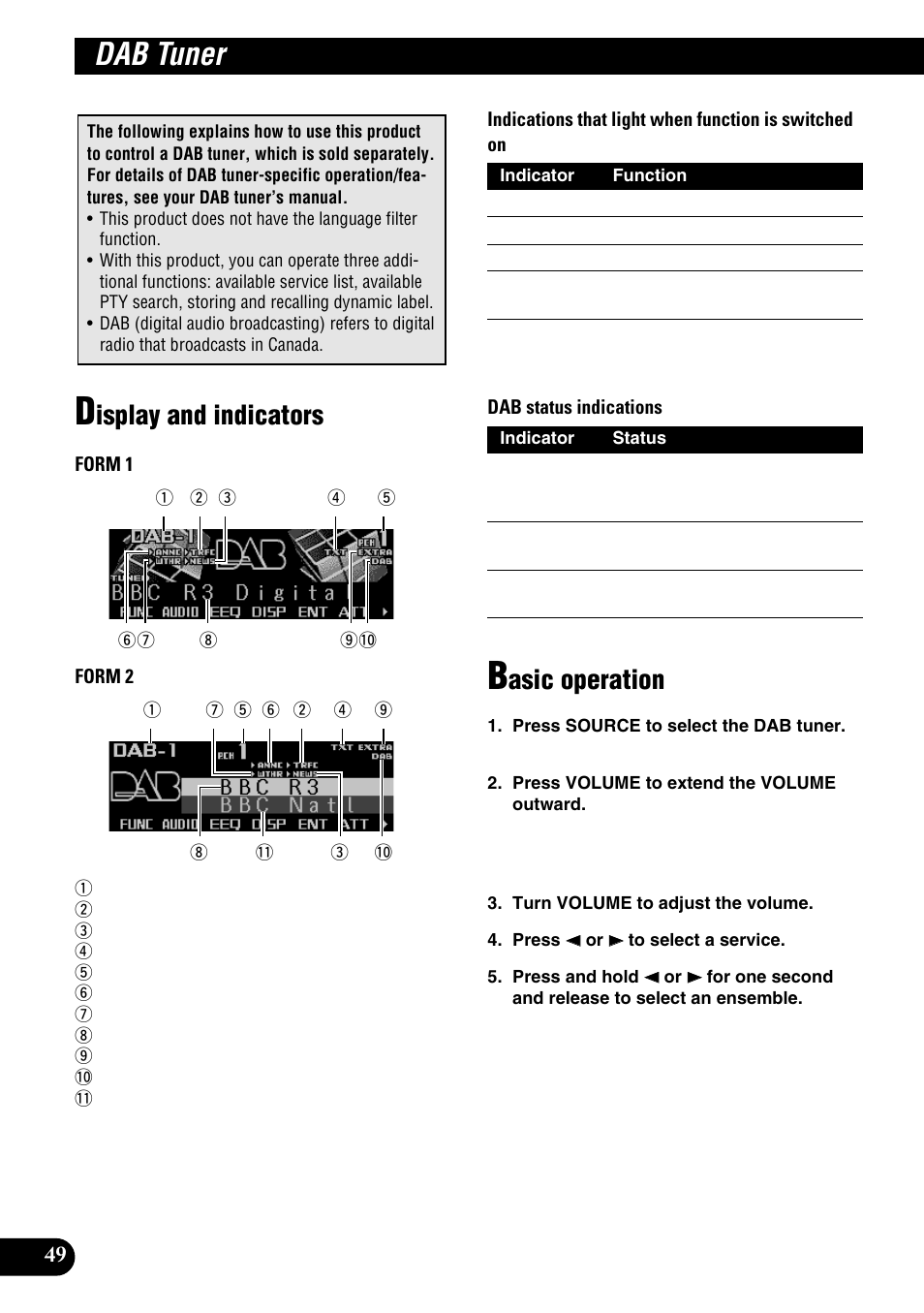 Dab functions, Dab tuner, Display and indicators basic operation | Isplay and indicators, Asic operation | Pioneer DEH-P9100R User Manual | Page 50 / 94