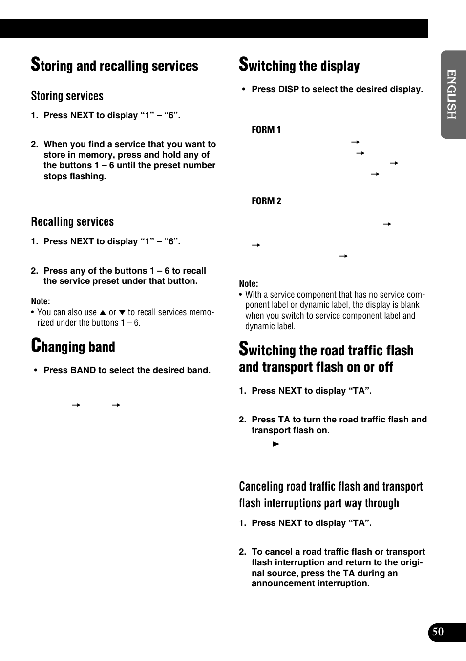 Flash on or off, Toring and recalling services, Hanging band | Witching the display, Storing services, Recalling services | Pioneer DEH-P9100R User Manual | Page 51 / 94