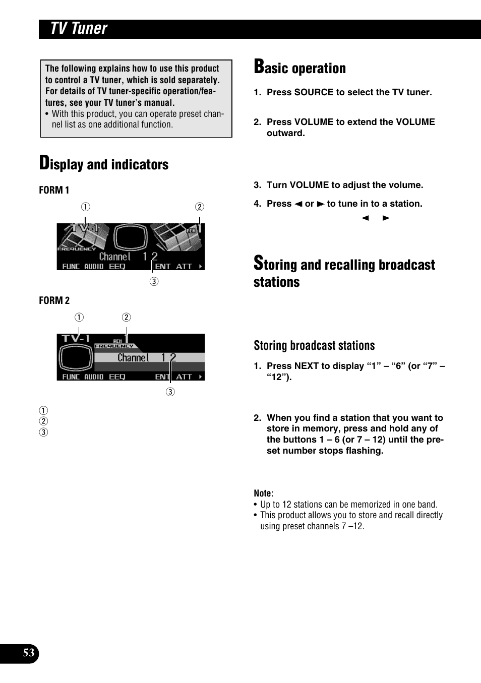 Tv tuner functions, Tv tuner, Isplay and indicators | Asic operation, Toring and recalling broadcast stations, Storing broadcast stations | Pioneer DEH-P9100R User Manual | Page 54 / 94