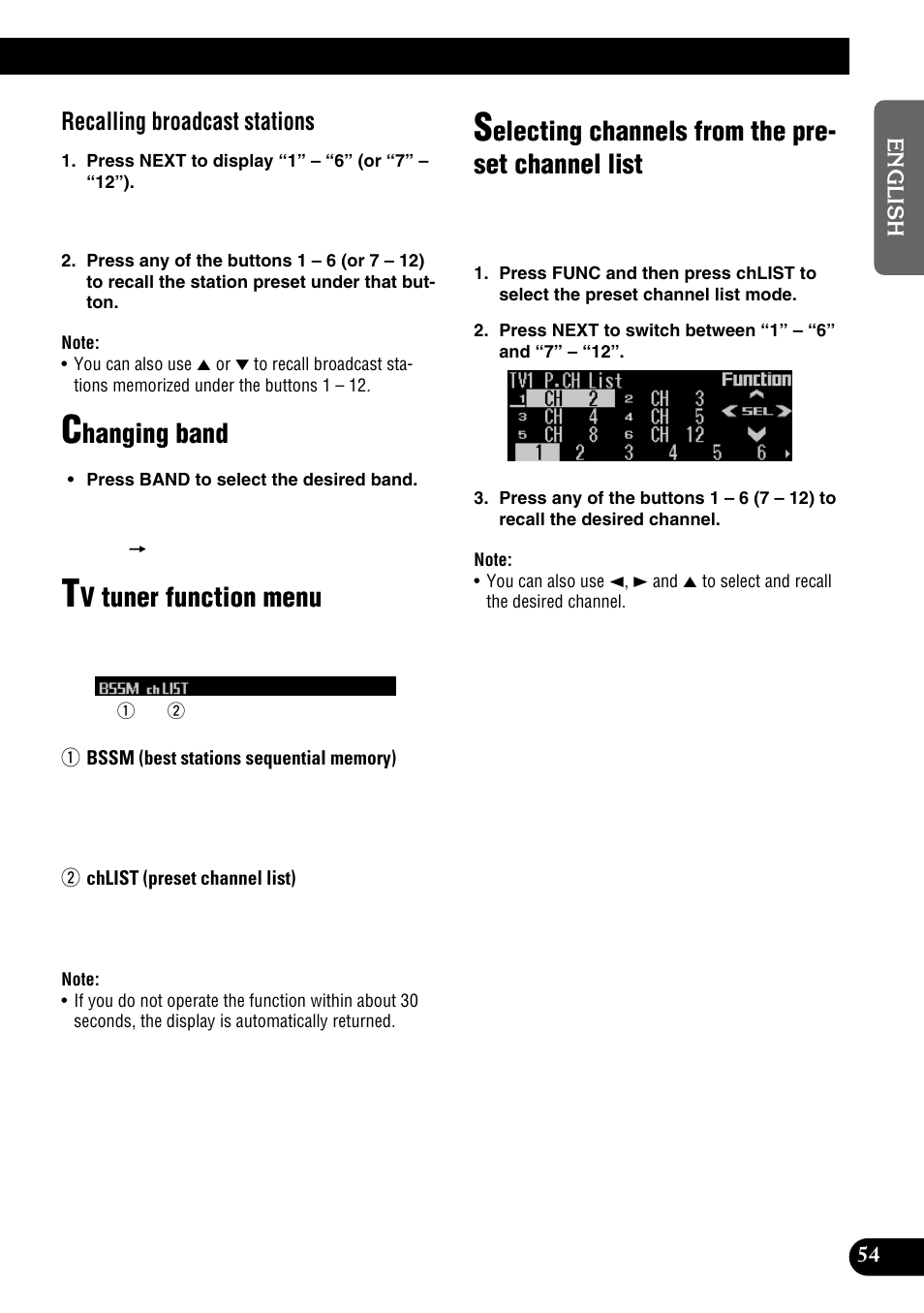 Channel list, Hanging band, V tuner function menu | Electing channels from the pre- set channel list, Recalling broadcast stations | Pioneer DEH-P9100R User Manual | Page 55 / 94