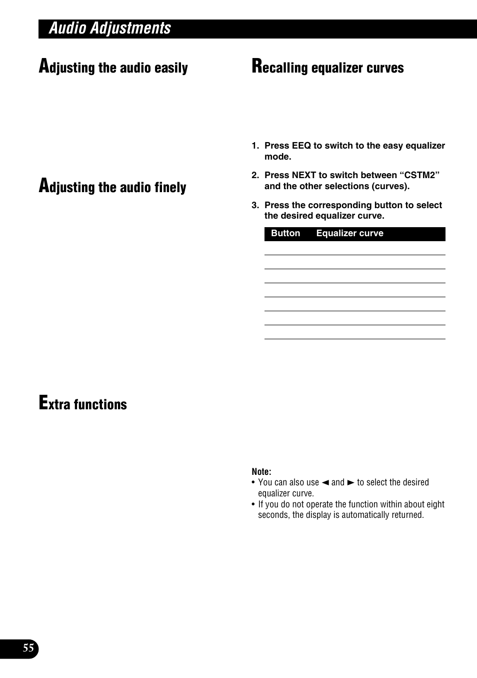 Audio adjust, Audio adjustments, Djusting the audio easily | Djusting the audio finely, Xtra functions, Ecalling equalizer curves | Pioneer DEH-P9100R User Manual | Page 56 / 94