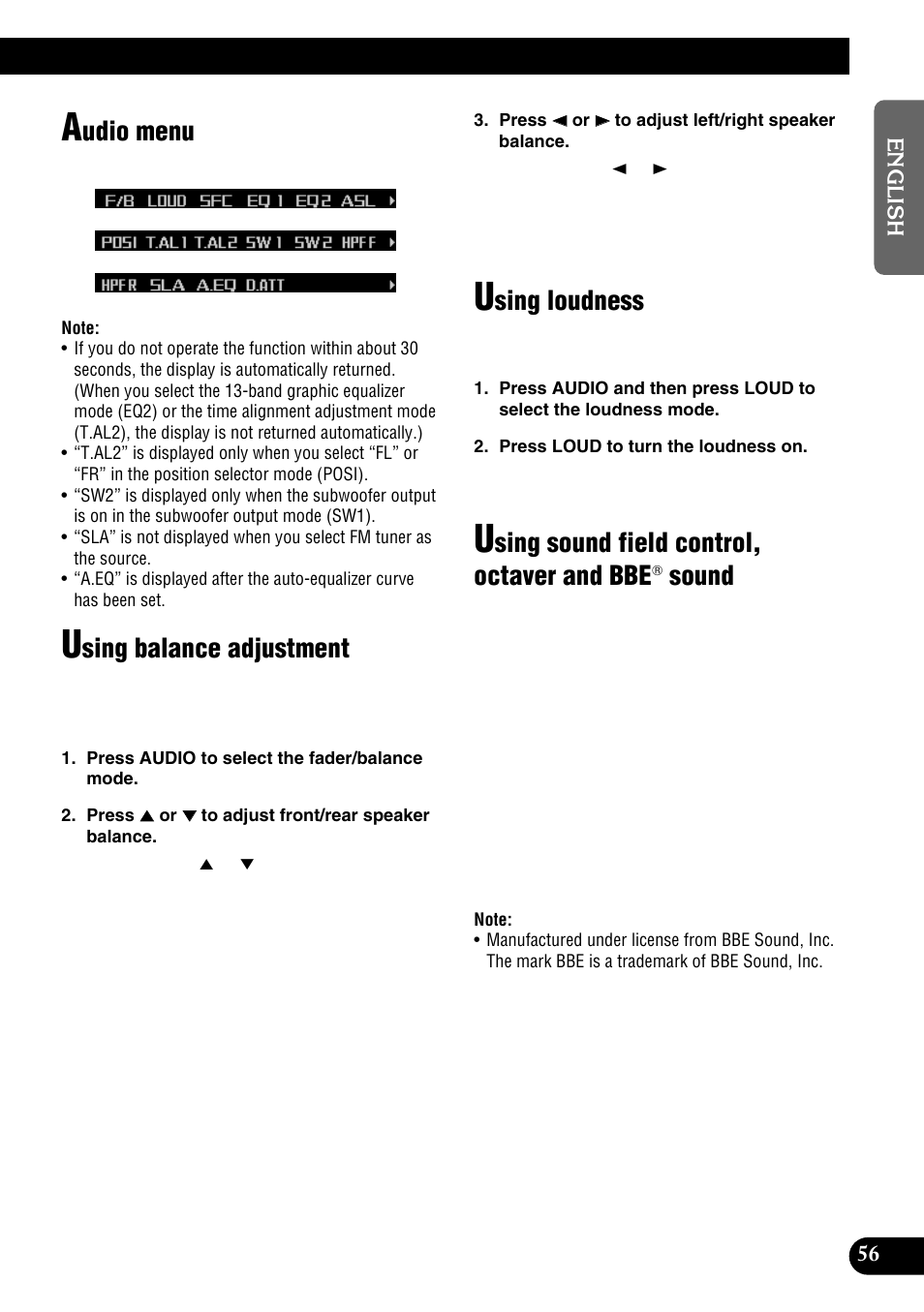 Loudness, Sound, Udio menu | Sing balance adjustment, Sing loudness, Sing sound field control, octaver and bbe | Pioneer DEH-P9100R User Manual | Page 57 / 94