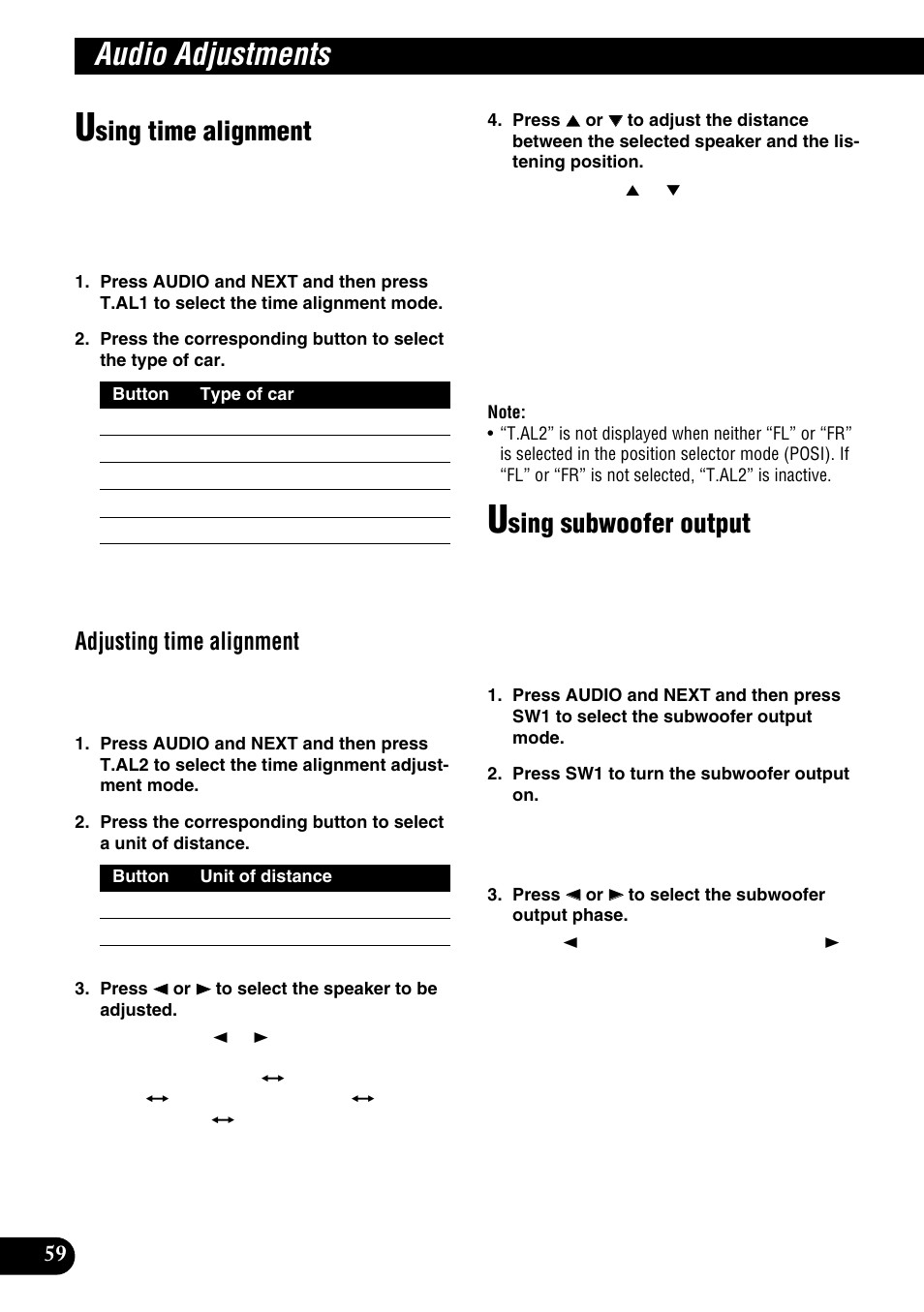 Time allignment, Using time alignment using subwoofer output, Audio adjustments | Sing time alignment, Sing subwoofer output, Adjusting time alignment | Pioneer DEH-P9100R User Manual | Page 60 / 94