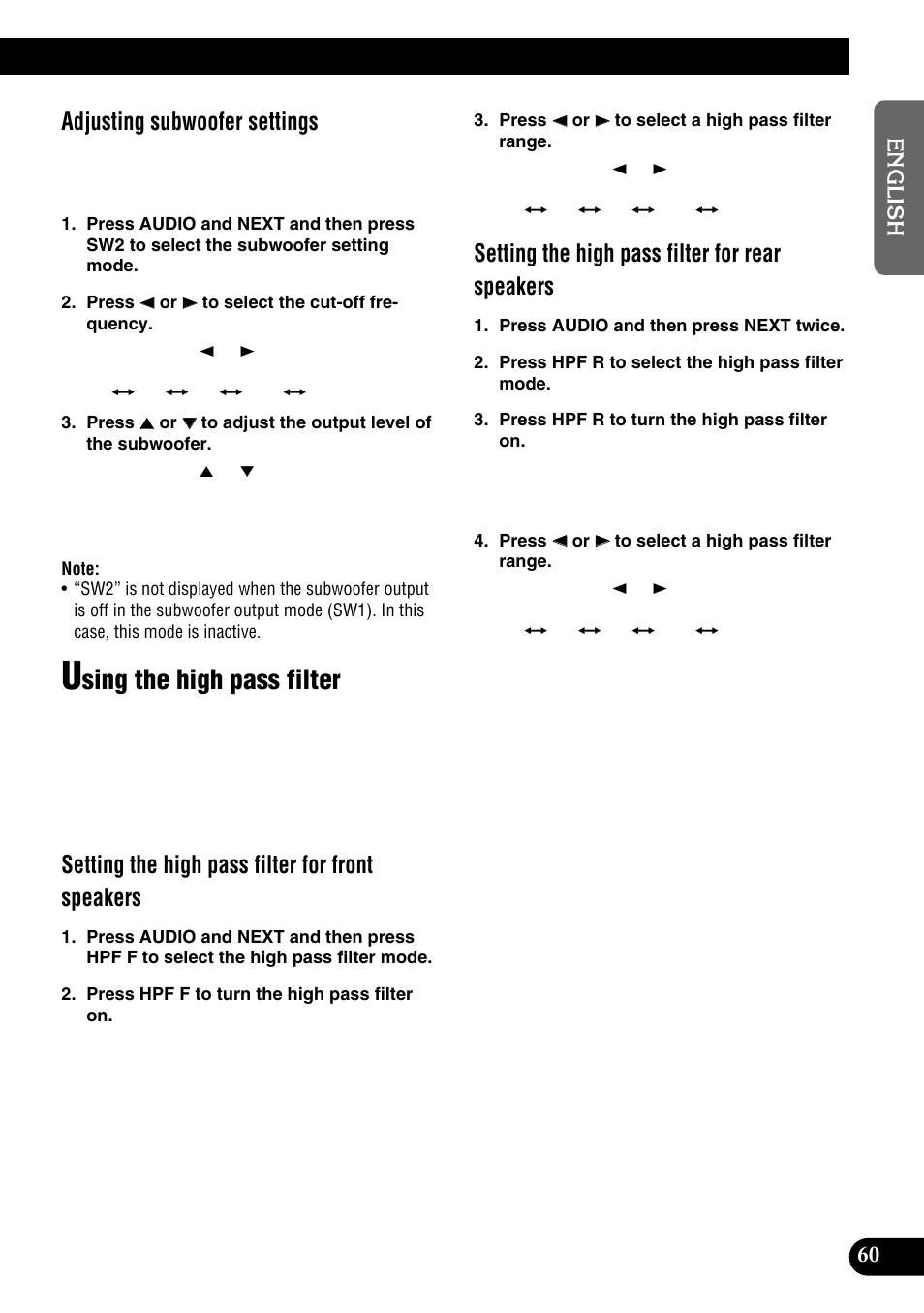 High pass filter, Using the high pass filter, Sing the high pass filter | Adjusting subwoofer settings, Setting the high pass filter for front speakers, Setting the high pass filter for rear speakers | Pioneer DEH-P9100R User Manual | Page 61 / 94