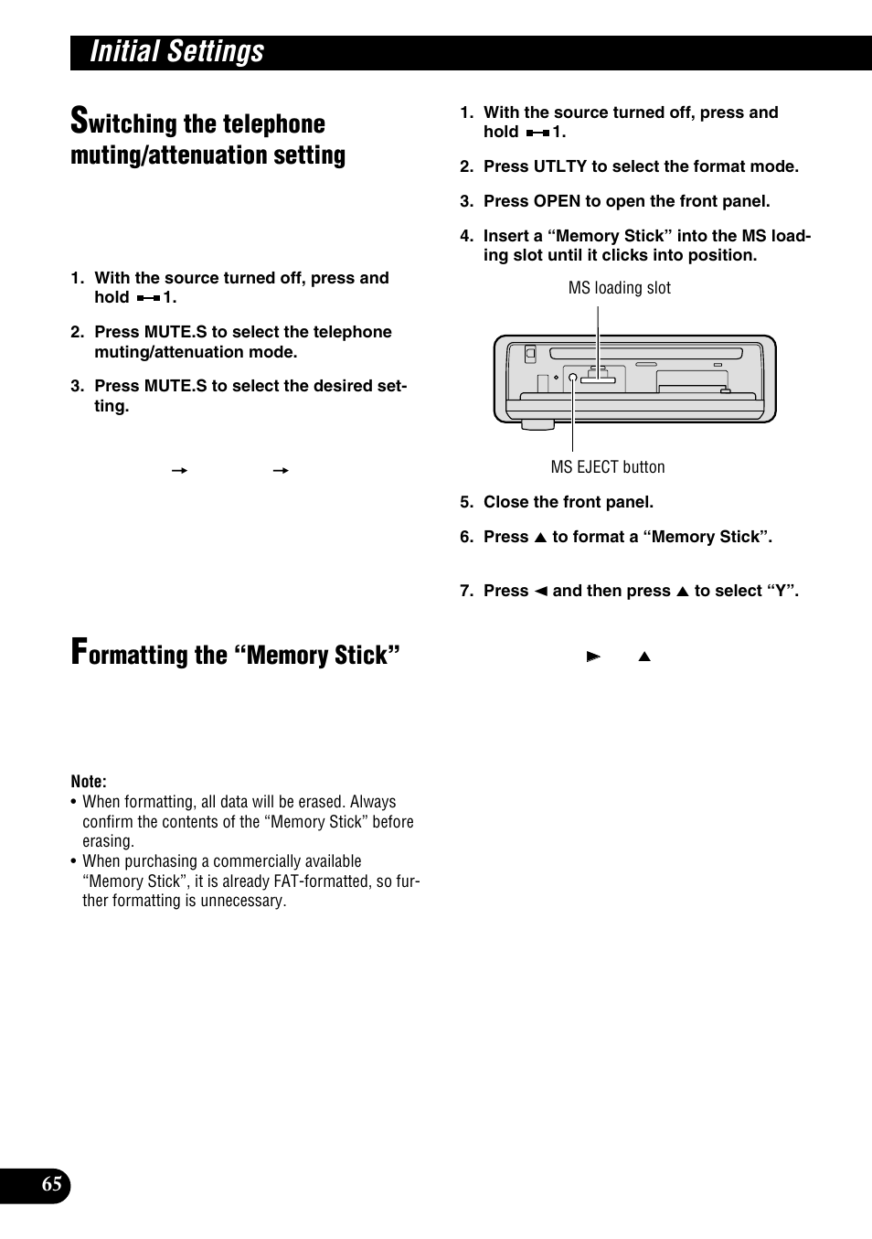 Switching the telephone muting/attenuation, Setting, Formatting the “memory stick | Initial settings, Witching the telephone muting/attenuation setting | Pioneer DEH-P9100R User Manual | Page 66 / 94