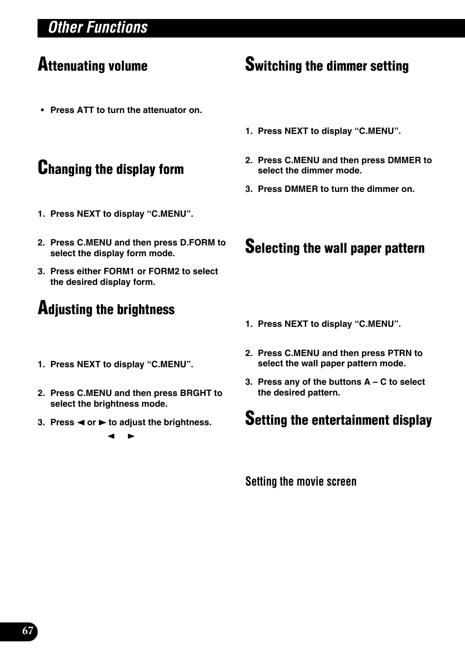 Adjusting brightness, Dimmer settings, Other functions | Ttenuating volume, Hanging the display form, Djusting the brightness, Witching the dimmer setting, Electing the wall paper pattern, Etting the entertainment display, Setting the movie screen | Pioneer DEH-P9100R User Manual | Page 68 / 94