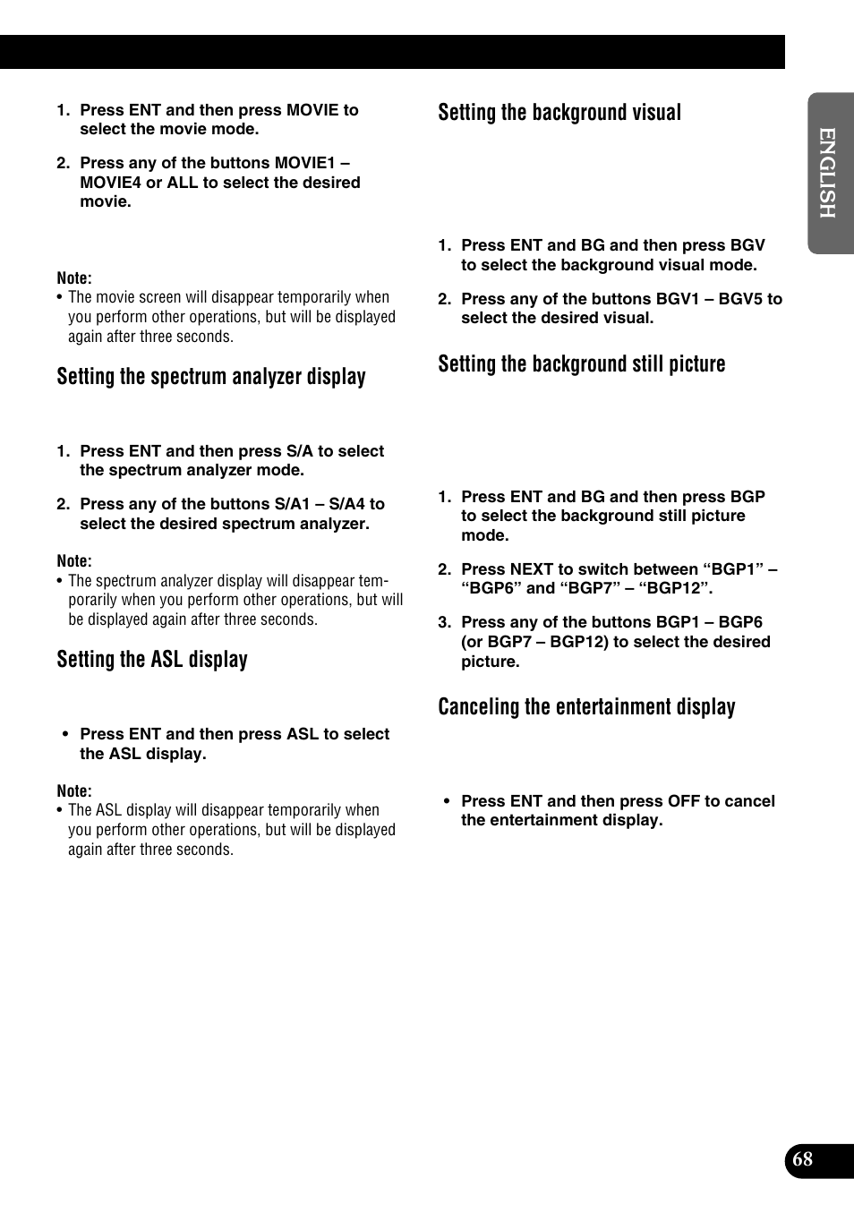 Setting the spectrum analyzer display, Setting the asl display, Setting the background visual | Setting the background still picture, Canceling the entertainment display | Pioneer DEH-P9100R User Manual | Page 69 / 94