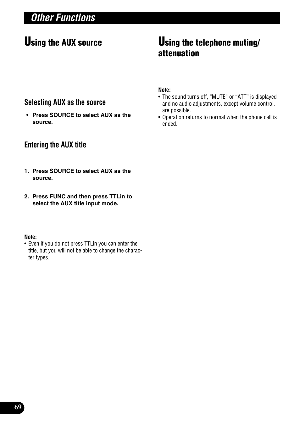 Aux sources, Other functions, Sing the aux source | Sing the telephone muting/ attenuation | Pioneer DEH-P9100R User Manual | Page 70 / 94