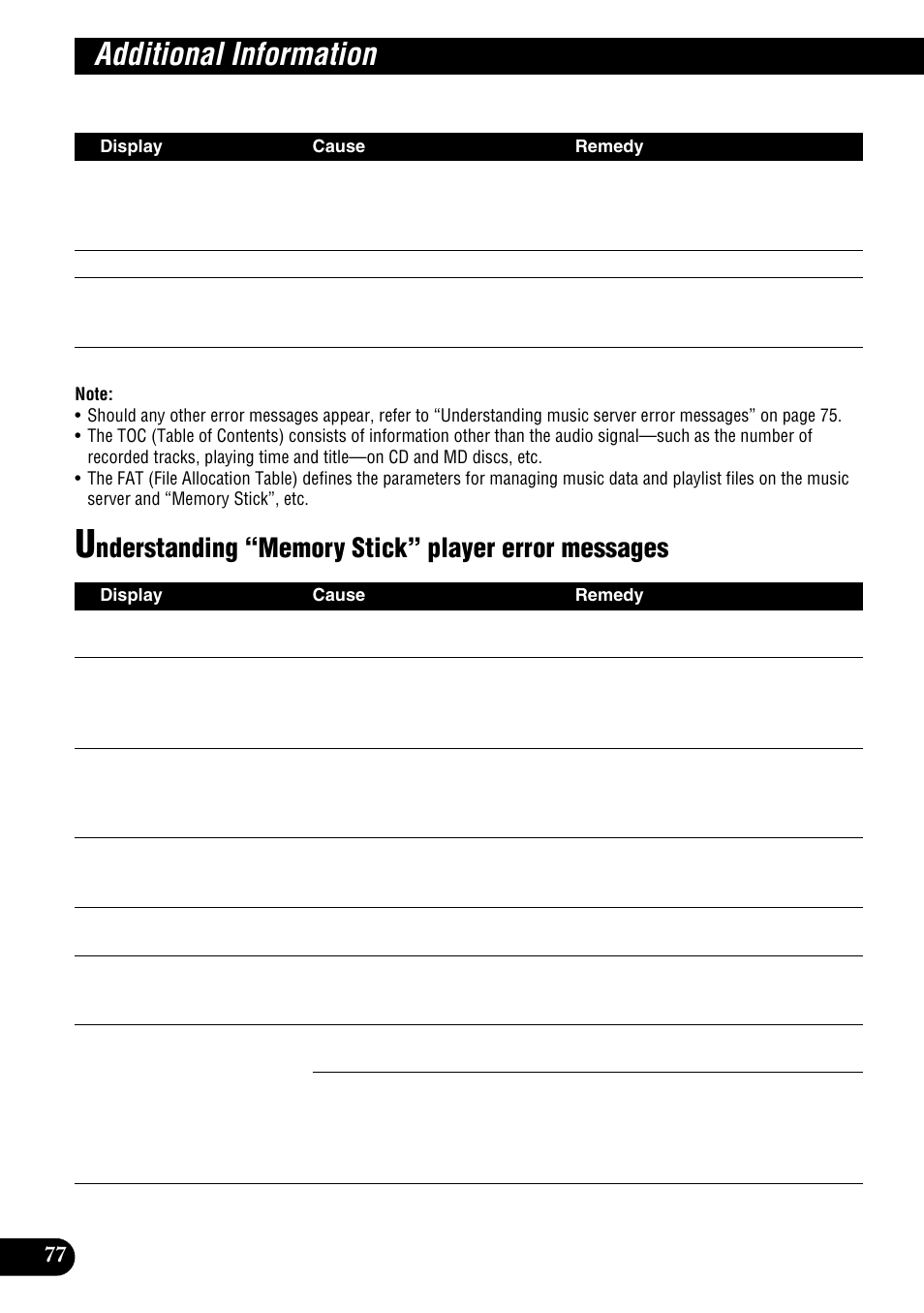 Understanding “memory stick” player, Error messages, Additional information | Pioneer DEH-P9100R User Manual | Page 78 / 94