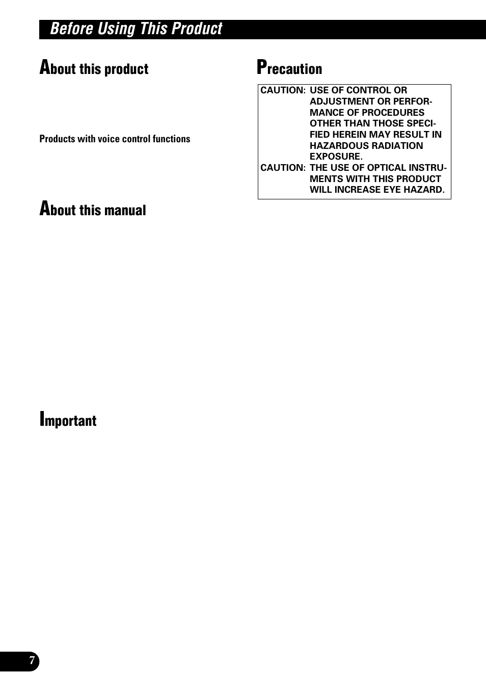 Before using this product, Bout this product, Bout this manual | Mportant, Recaution | Pioneer DEH-P9100R User Manual | Page 8 / 94