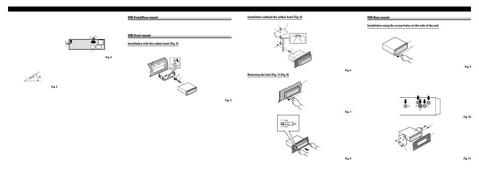 A title (english), Installation <english, Din front/rear-mount | Din front-mount, Din rear-mount, Installation without the rubber bush (fig. 6), Removing the unit (fig. 7) (fig. 8), Installation with the rubber bush (fig. 5) | Pioneer DEH-P9100R User Manual | Page 87 / 94