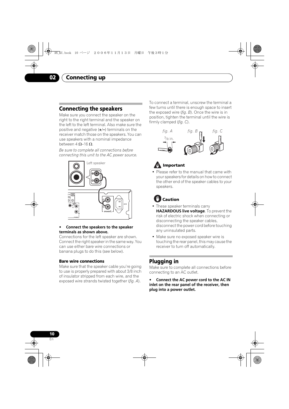 Connecting the speakers, Plugging in, Connecting up 02 | Pioneer ELITE SX-A6-J User Manual | Page 10 / 24