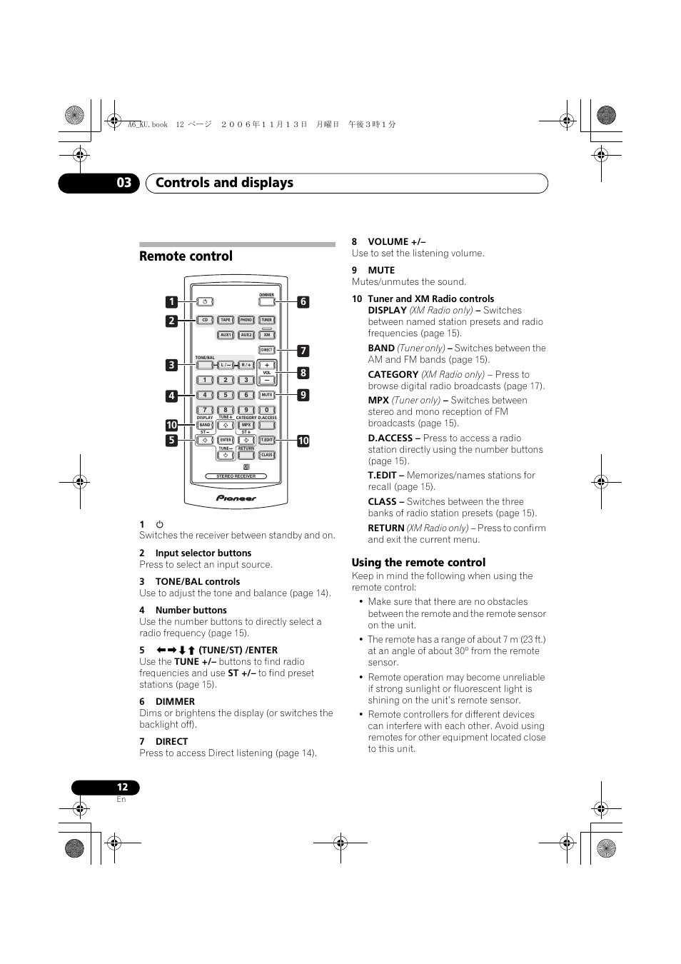 Remote control, Using the remote control, Controls and displays 03 | Pioneer ELITE SX-A6-J User Manual | Page 12 / 24