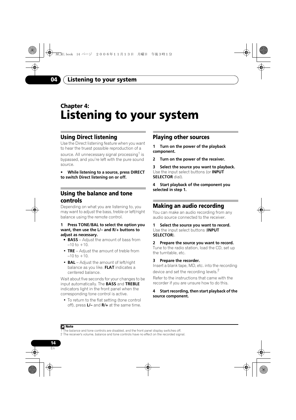 04 listening to your system, Using direct listening, Using the balance and tone controls | Playing other sources, Making an audio recording, Listening to your system, Listening to your system 04, Chapter 4 | Pioneer ELITE SX-A6-J User Manual | Page 14 / 24