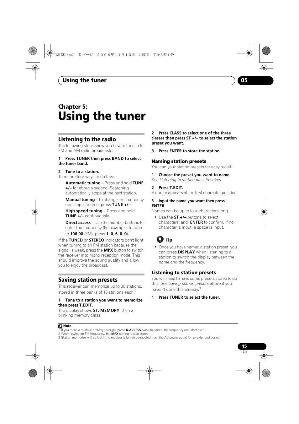 05 using the tuner, Listening to the radio, Saving station presets | Naming station presets, Listening to station presets, Using the tuner, Using the tuner 05, Chapter 5 | Pioneer ELITE SX-A6-J User Manual | Page 15 / 24