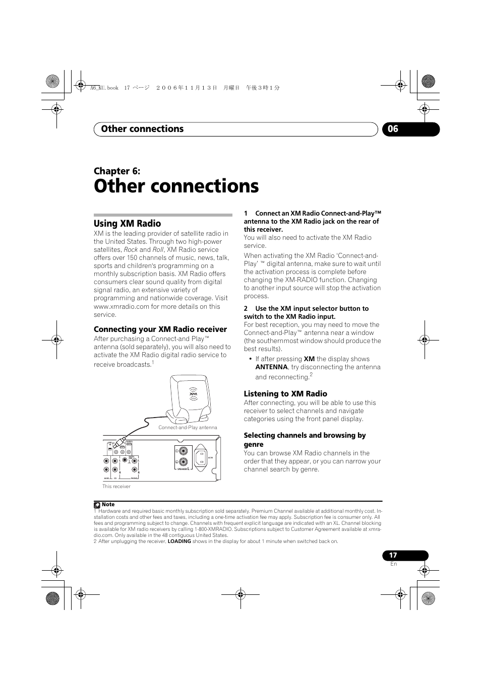 06 other connections, Using xm radio, Connecting your xm radio receiver | Listening to xm radio, Other connections, Other connections 06, Chapter 6, Selecting channels and browsing by genre | Pioneer ELITE SX-A6-J User Manual | Page 17 / 24