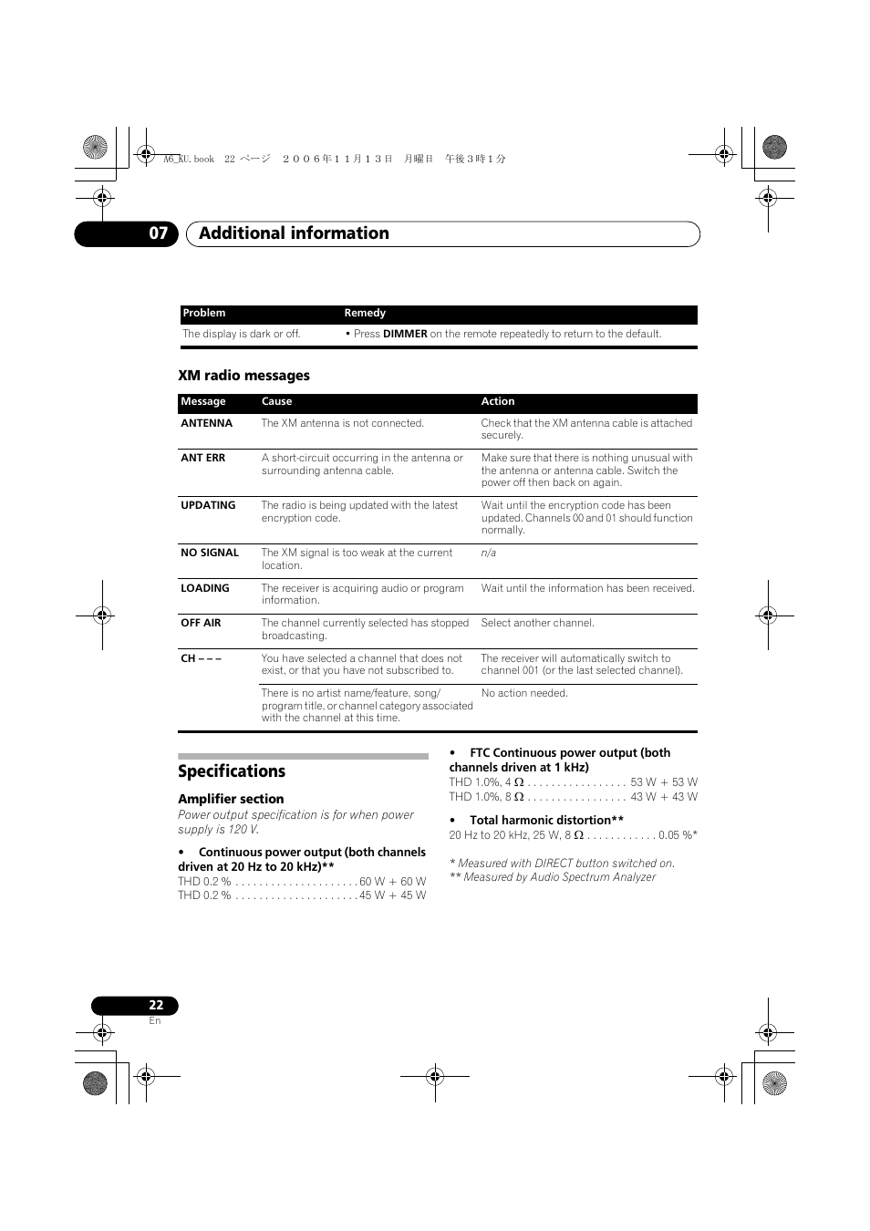 Xm radio messages, Specifications, Additional information 07 | Pioneer ELITE SX-A6-J User Manual | Page 22 / 24
