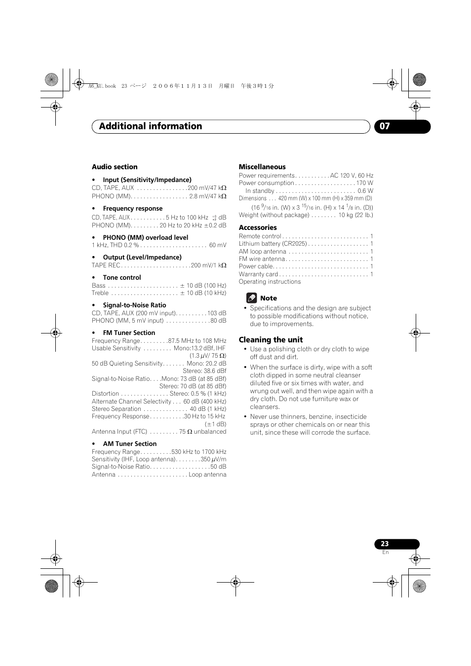 Cleaning the unit, Additional information 07 | Pioneer ELITE SX-A6-J User Manual | Page 23 / 24
